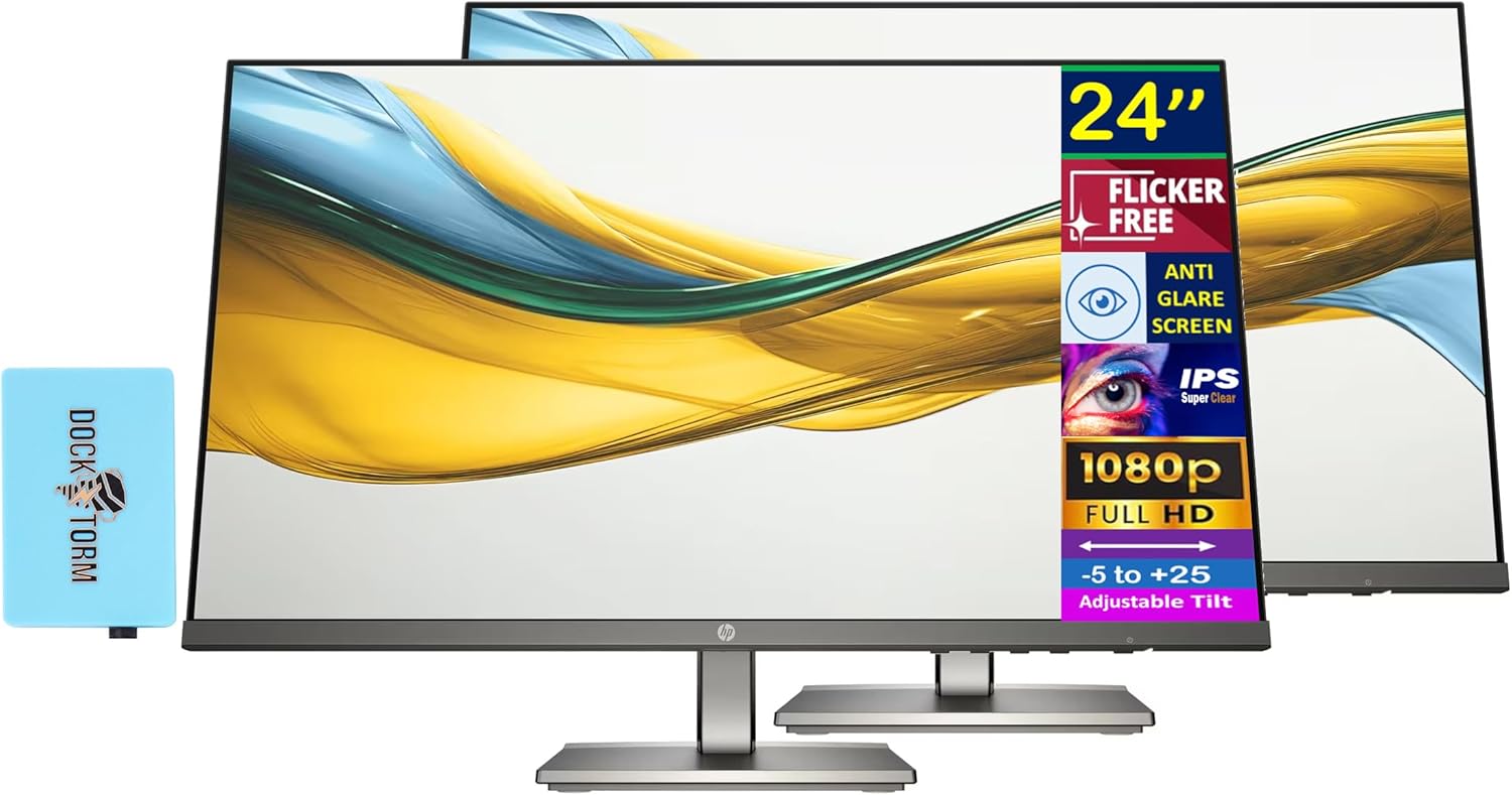 HP 24" FHD IPS Monitor with 5ms Response Time  Anti Glare  Flicker Free  VGA  HDMI & Dockztorm USB Port Expander  Black/Gray Color 2 Pack