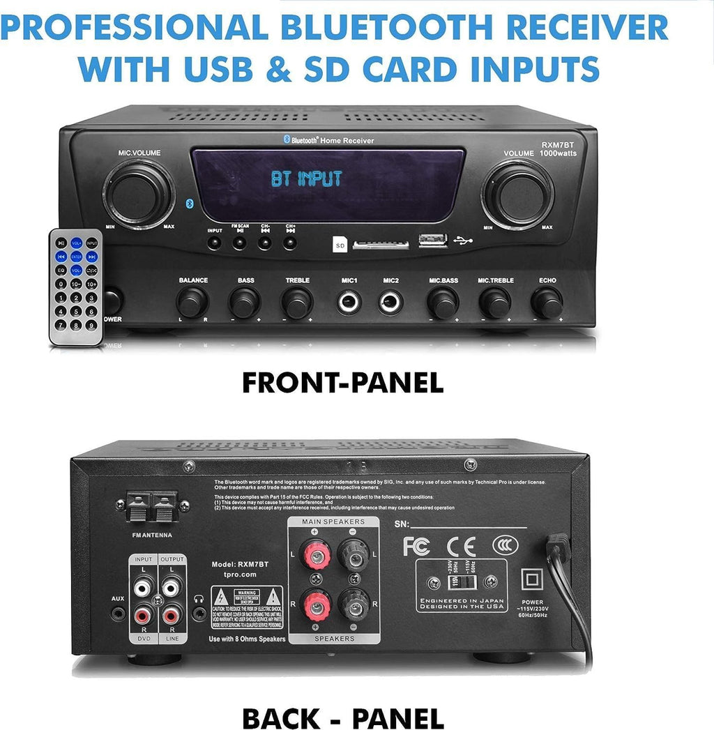 Home Theater System Kit 1000 Watts Bluetooth Receiver w/ 6 Qty 5.25" 175 Watts Each in-Wall in-Ceiling Speakers & 16 Gauge 250 ft. Speaker Wire Portable Microphone w/Remote Control by Technical Pro
