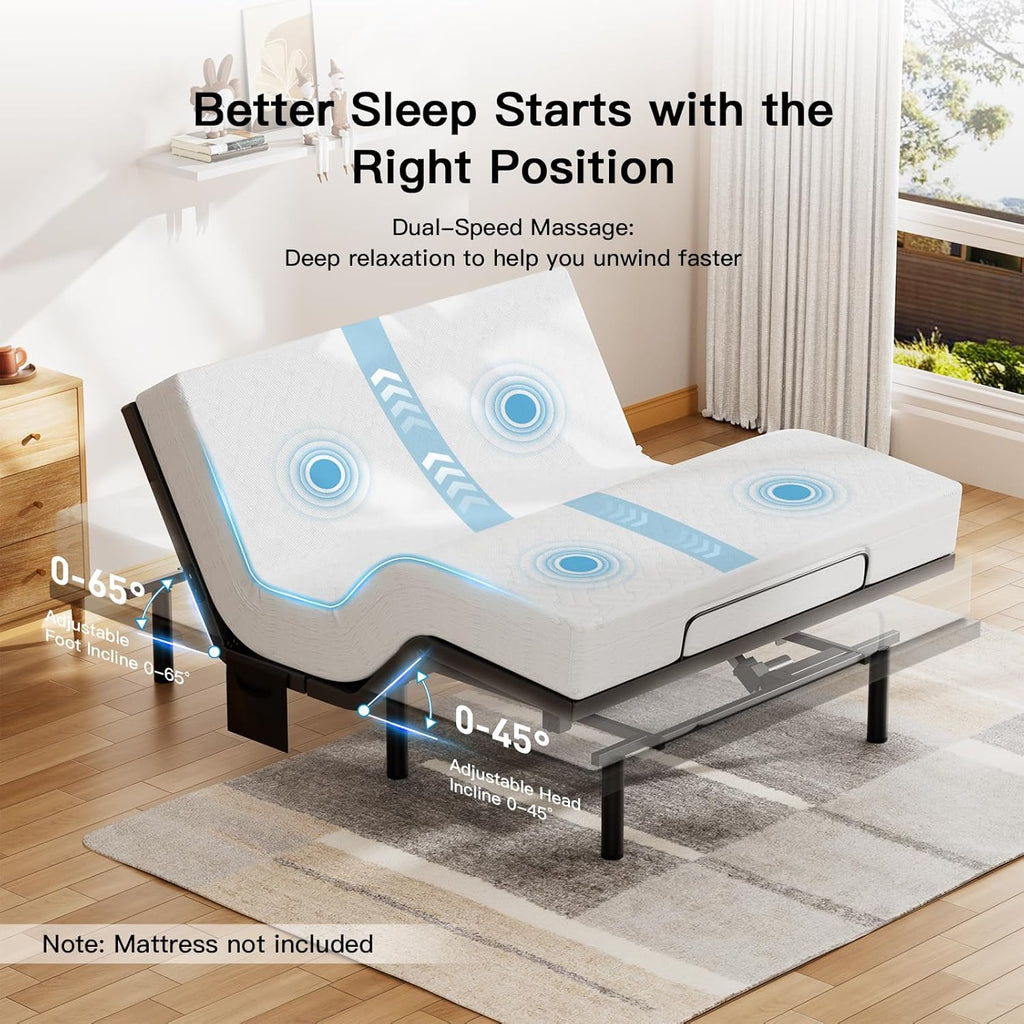 Pipishell Queen Adjustable Bed Frame with Massage, Electric Bed Base with Head & Foot Incline, USB-A & USB-C Ports, LED Under-Bed Lighting, 4 Leg Height Options, and Easy 3-Step Assembly