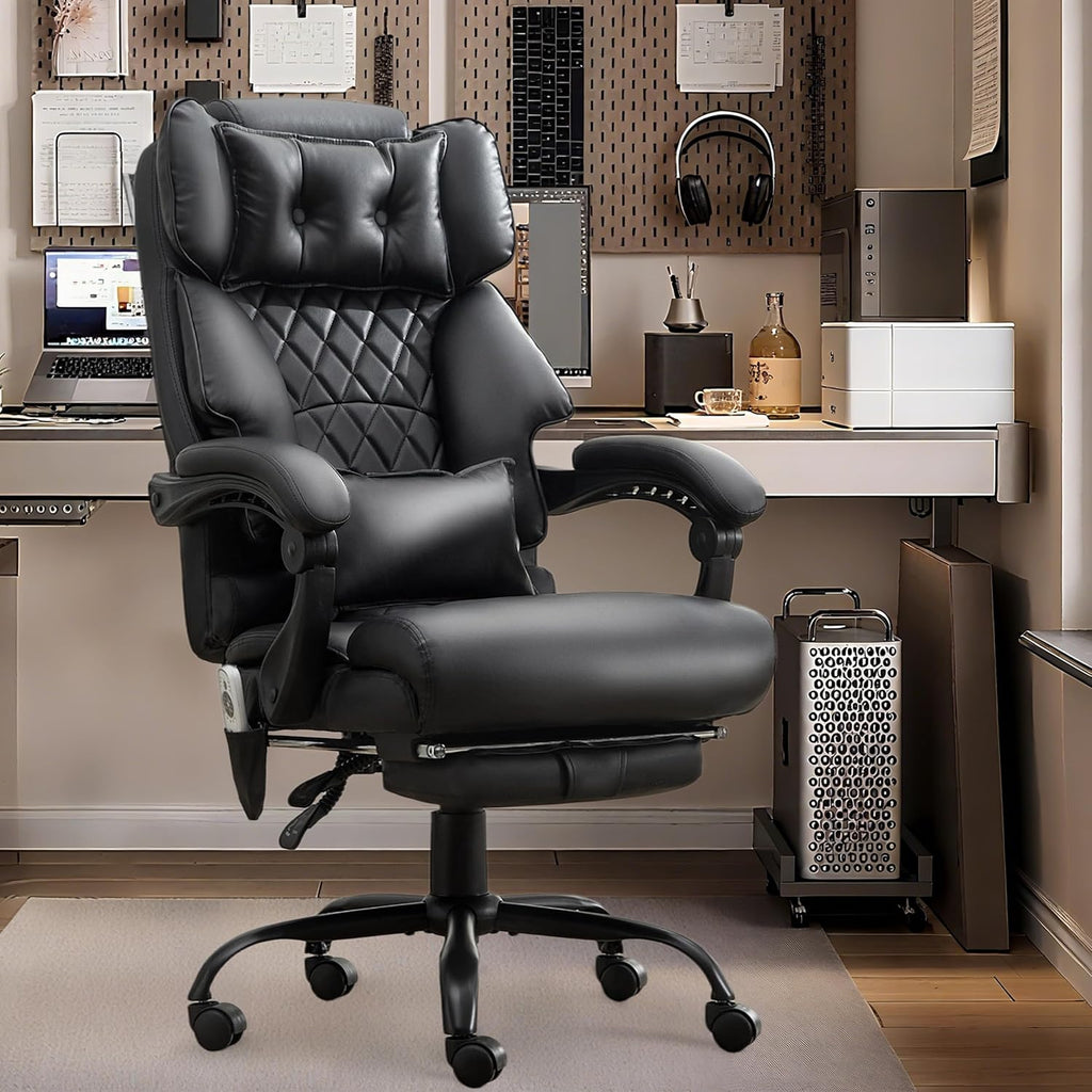 Massage Office Chair with Foot Rest,6 Points Vibration & Heat Executive Office Chairs for Heavy People,500LBS Big and Tall Office Chair,Ergonomic Reclining Desk Chair,Dual-Use Pillow,Black