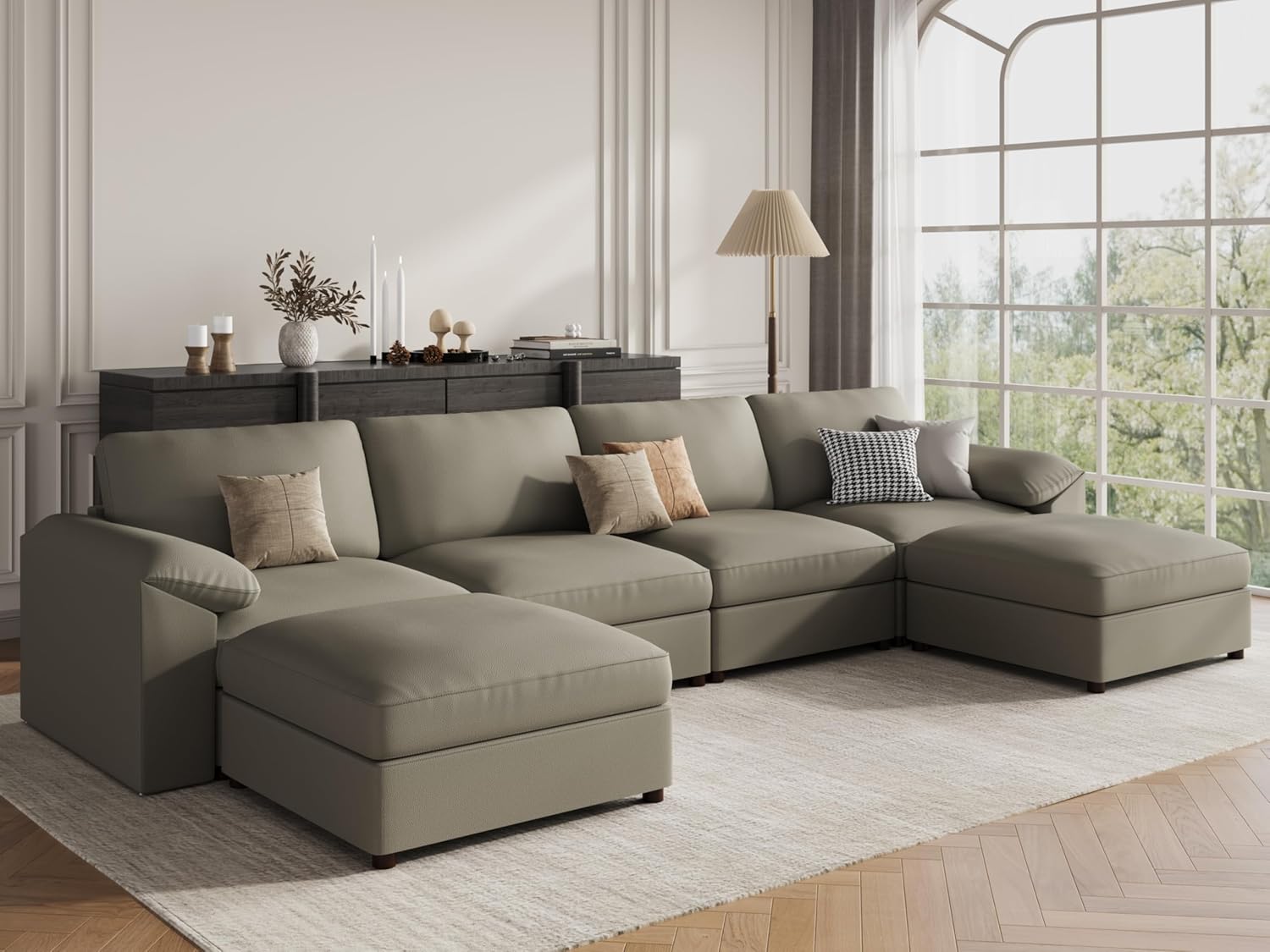 EASE MOOSE Oversized U Shaped Couch,Modular Sectional Convertible Sofa with Wide Deep,Extra Large Faux Leather Scratch Resistant Modern Couch for Big Spaces,Light Grey