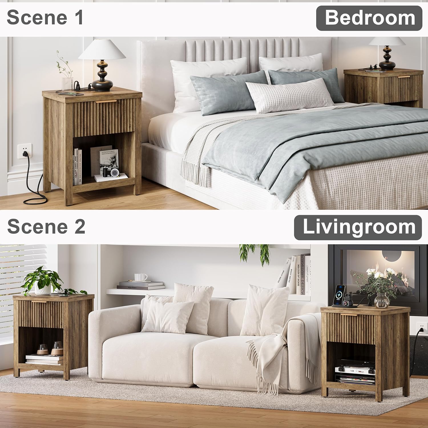 Fluted Nightstands with Charging Station Set of 2, Brooklyn Night Stand with Drawers, Modern Beside Table with Storage End Table for Bedroom Living Room (2, Brown with Charging Station) BNS101DRE-2