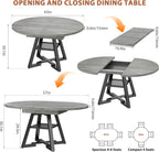 43‘’-57‘’ Extendable Round Dining Table for 4-6, Modern Industrial Kitchen Oval Dining Table with Removable Leaves, Space Saving Pedestal Base with Storage Shelf for Kitchen Living Room (Grey)