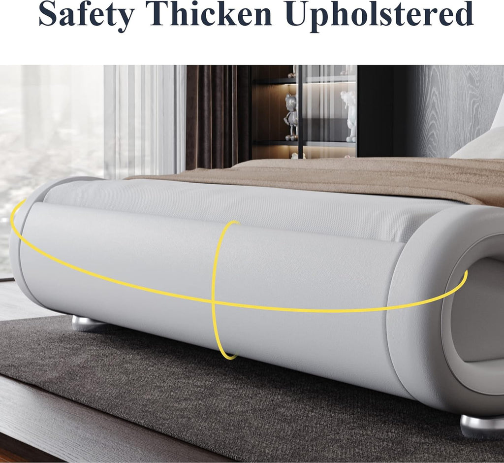 Allewie Queen Size Upholstered Platform Bed Frame with Ergonomic & Adjustable Headboard, Modern Low Profile Sleigh Design - Easy Assembly, No Box Spring Needed, White