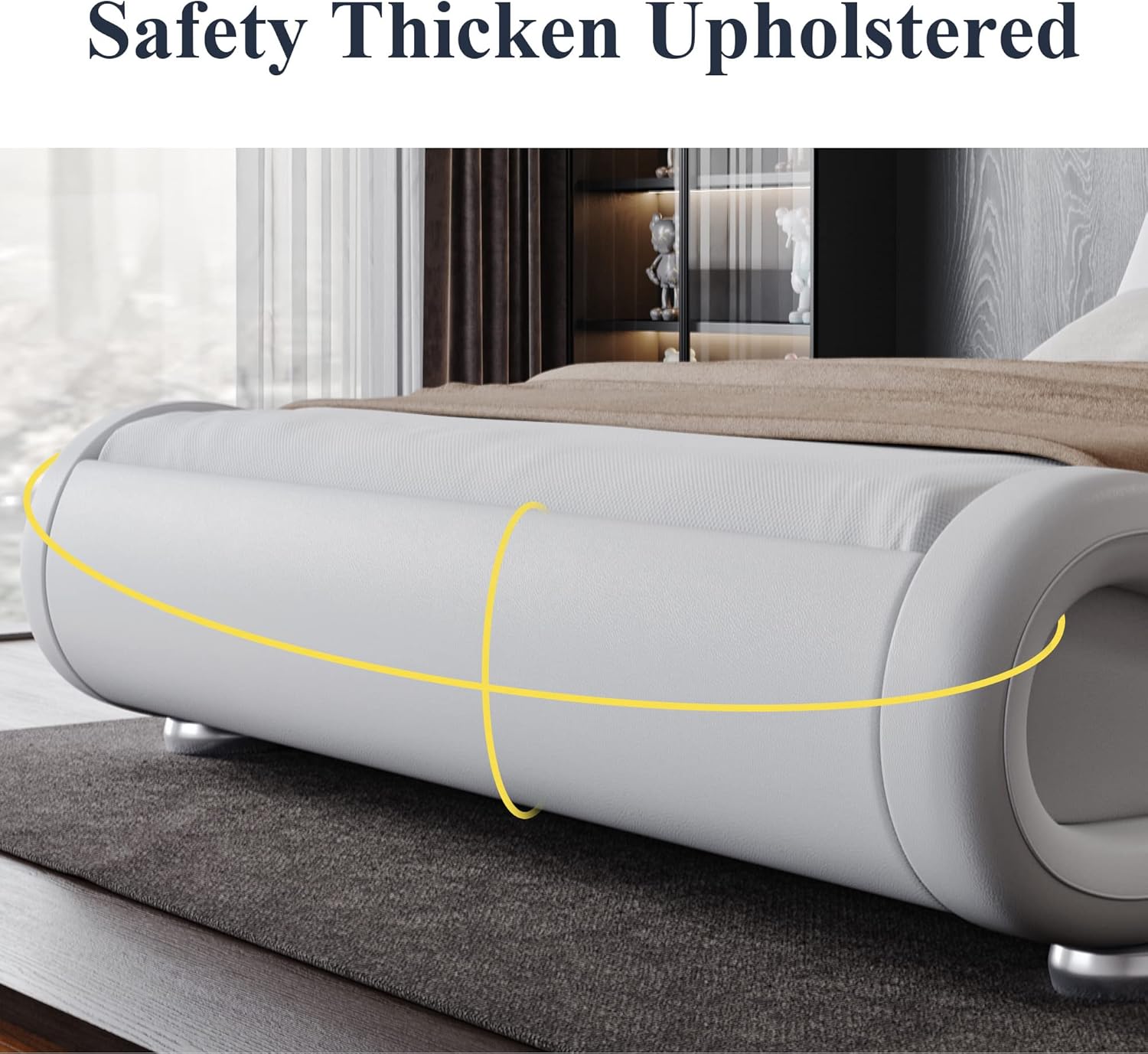 Allewie Queen Size Upholstered Platform Bed Frame with Ergonomic & Adjustable Headboard, Modern Low Profile Sleigh Design - Easy Assembly, No Box Spring Needed, White