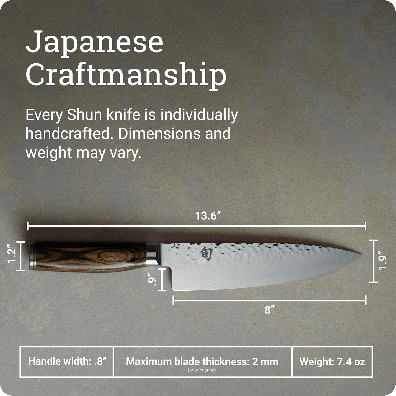 Shun Cutlery Premier Chef's Knife 8”, Thin, Light Kitchen Knife, Ideal for All-Around Food Preparation, Authentic, Handcrafted Japanese Knife, Professional Chef Knife