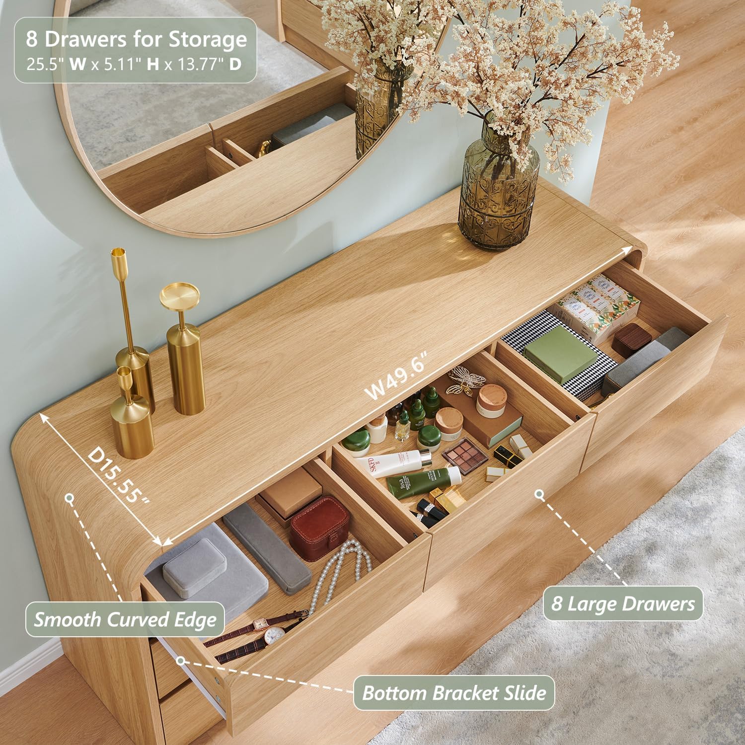 Modern 8 Drawers Dresser for Bedroom, 55" Wide Dressers & Chest of Drawers w/Curved Profile Design, Wood Mid Century Storage Dressers Organizer for Bedroom, Living Room, Natural Oak