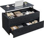 Coffee Table Lift Top with 2 Drawers, 40 Inch Multi-Function Coffee Table with Hidden Compartment, Curved Profile Design, Converts to Home Office Table for Living Room, Black