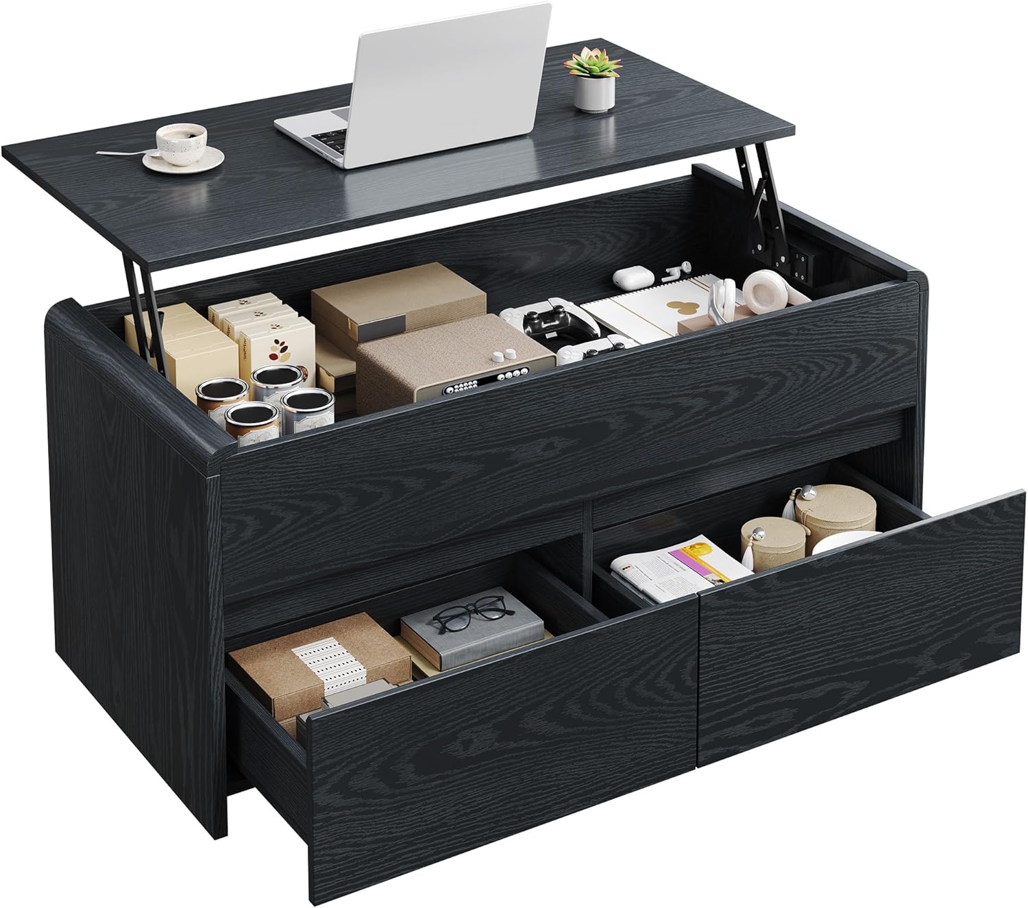 Coffee Table Lift Top with 2 Drawers, 40 Inch Multi-Function Coffee Table with Hidden Compartment, Curved Profile Design, Converts to Home Office Table for Living Room, Black