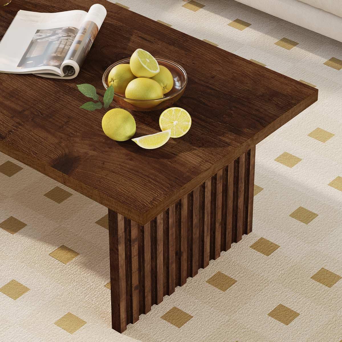 BON AUGURE Coffee Table for Living Room, Farmhouse Wood Center Table, Rectangle Mid-Century Living Room Tables, Unique Fluted Panel Coffee Tables (Rustic Oak, 43Inch)