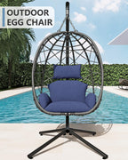 SWITTE Hanging Egg Chair with Stand, Outdoor Indoor Rattan Wicker Egg Swing Chair with Cushion, Heavy Duty Patio Hammock Chairs for Garden Backyard Balcony Bedroom, 400LBS Capacity, Dark Blue