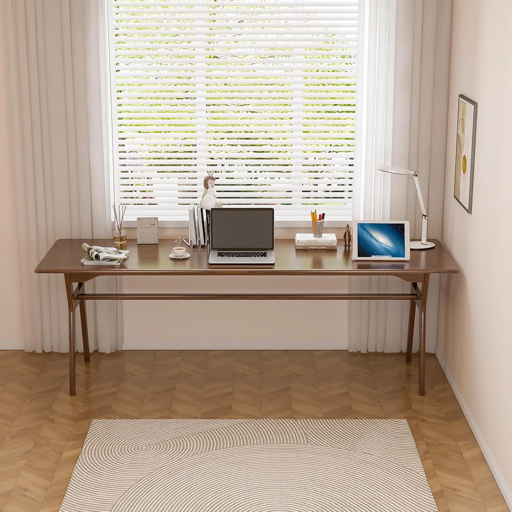 Solid Wood Study Desk - 78.8" Double Long Computer Table for Home Office, 2-Person PC Workstation, Walnut