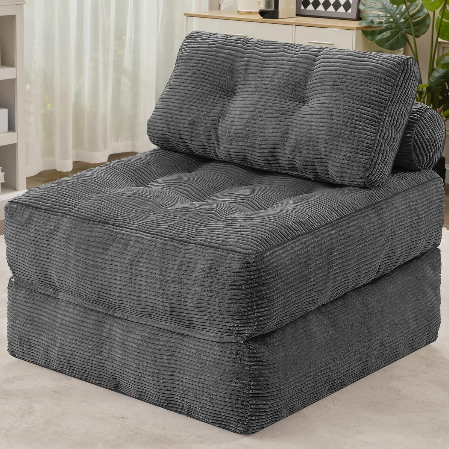 HABUTWAY Folding Sofa Bed, Convertible Sleeper Chair Bed w/Dual-Pillow & Handle, Foldable Floor Sofa Lounge w/Back Support for Living Room, Bedroom, Apartment, Office, Single, Grey