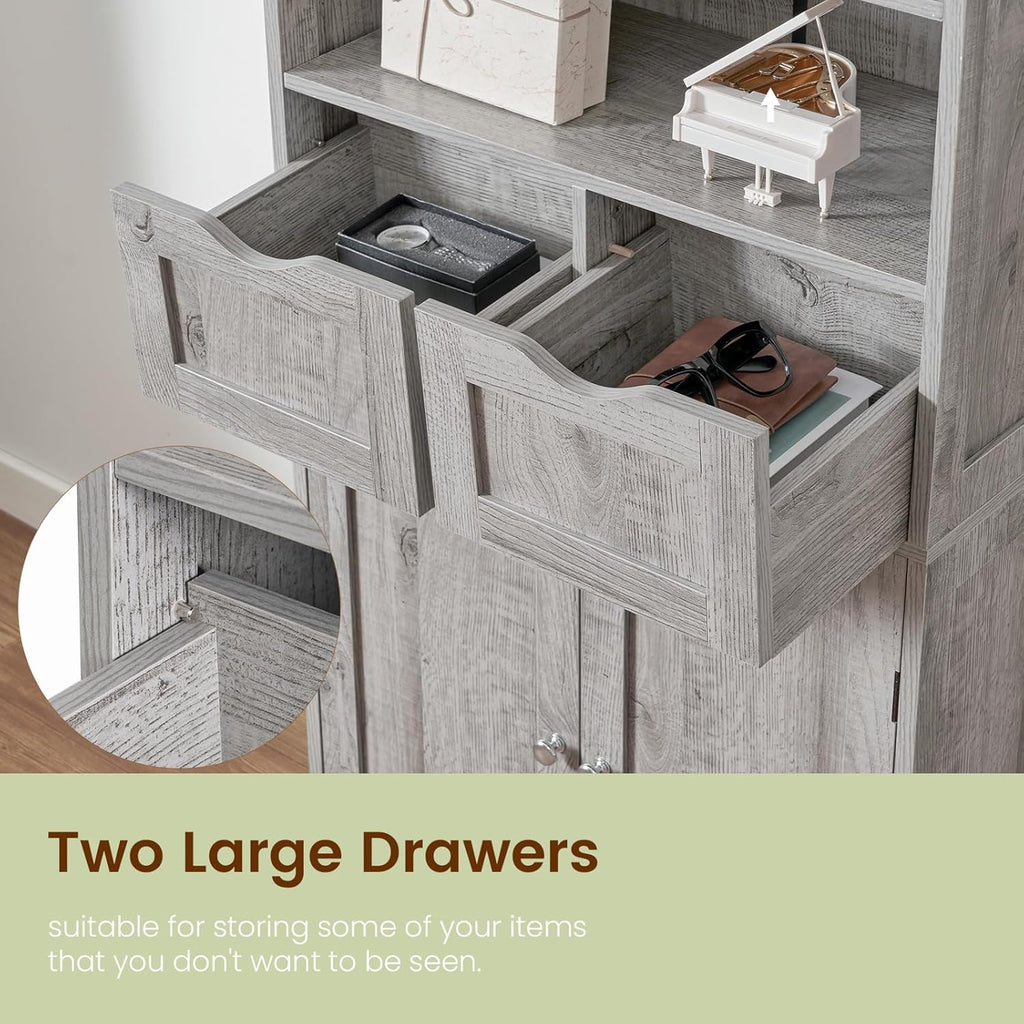 Iwell Storage Cabinet with 2 Drawers & Adjustable Shelf, Tall Bathroom Cabinet with Doors, Cupboard, Kitchen Cabinets for Living Room, Dining Room, Entryway, Grey