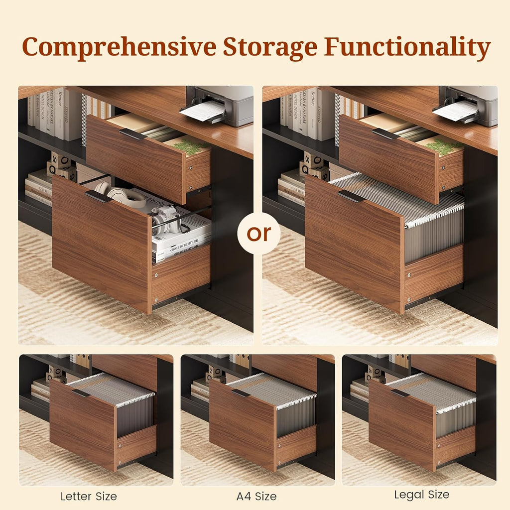 L Shaped Standing Desk Adjustable Height, 53" Electric Office Desk with File Drawers & Storage Shelves, Sit Stand Corner Computer Desk with Power Outlets, Pegboard, 6 Hooks, Black & Walnut