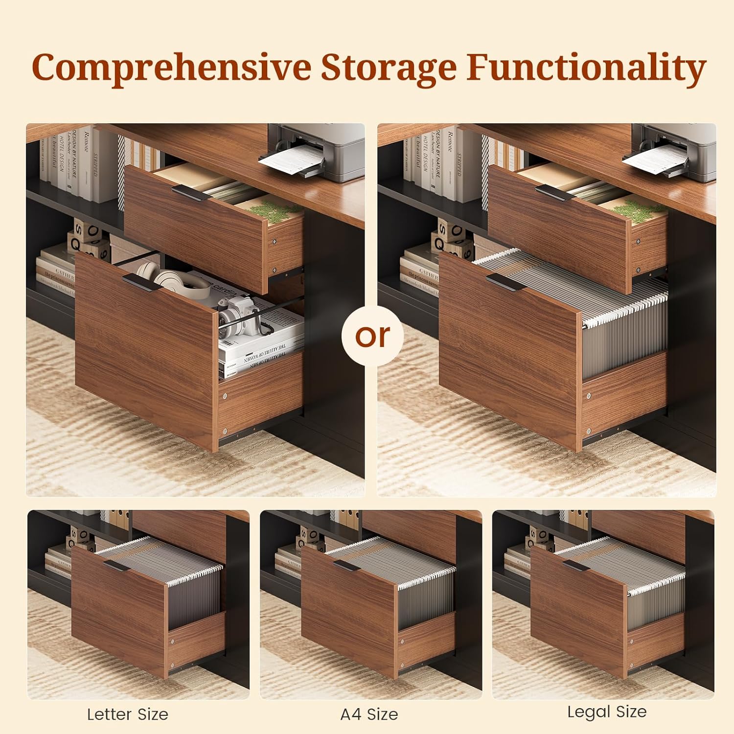 L Shaped Standing Desk Adjustable Height, 53" Electric Office Desk with File Drawers & Storage Shelves, Sit Stand Corner Computer Desk with Power Outlets, Pegboard, 6 Hooks, Black & Walnut
