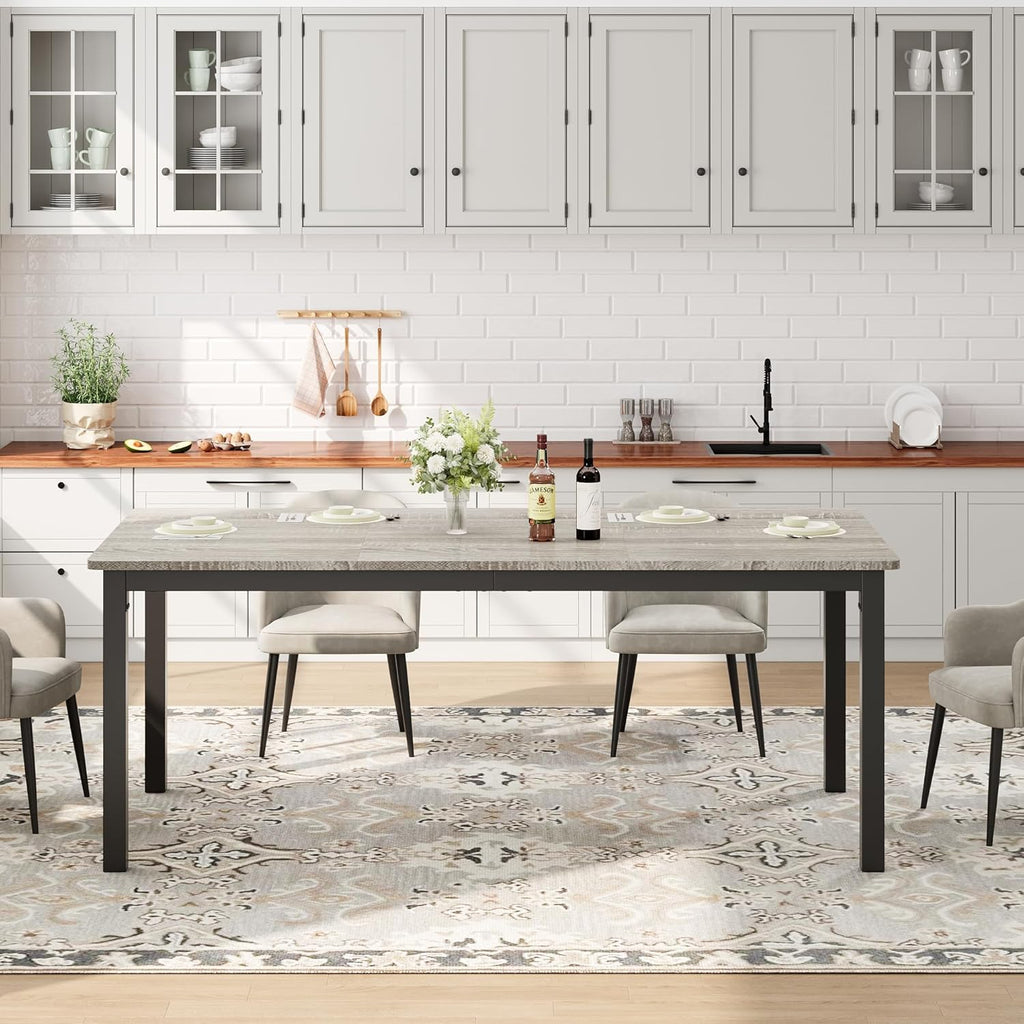 Garvee 79 in Dining Table for 6, Farmhouse Wooden Kitchen Tables for Family, Rectangular Industrial Style Dining Room Table with Sturdy Metal Frame, Long Desk for Restaurant, Kitchen, Office,Grey