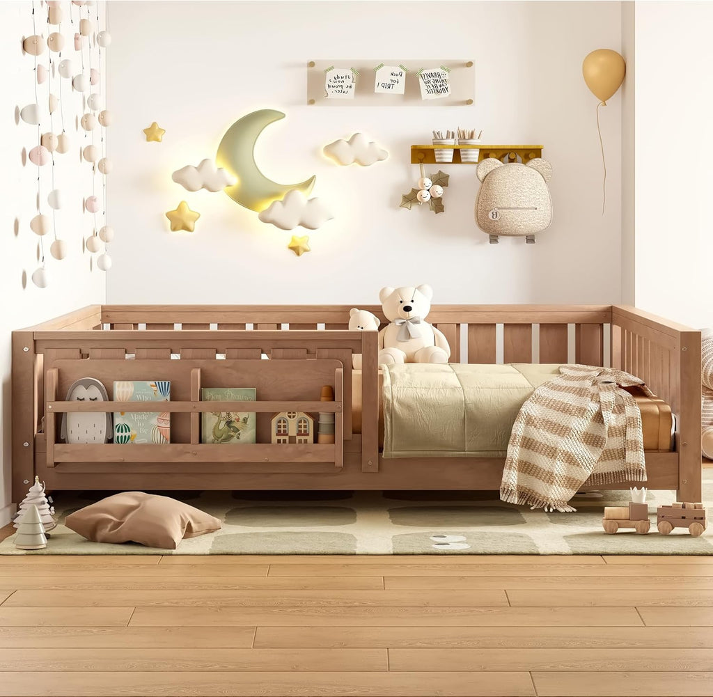 Bellemave Full Size Floor Bed with Slats and Safety Guardrail, Full Size Montessori Floor Bed with Fence and Built-in Bookshelf, Easy Assemble Montessori Beds for Kids, Girls, Boys, Natural