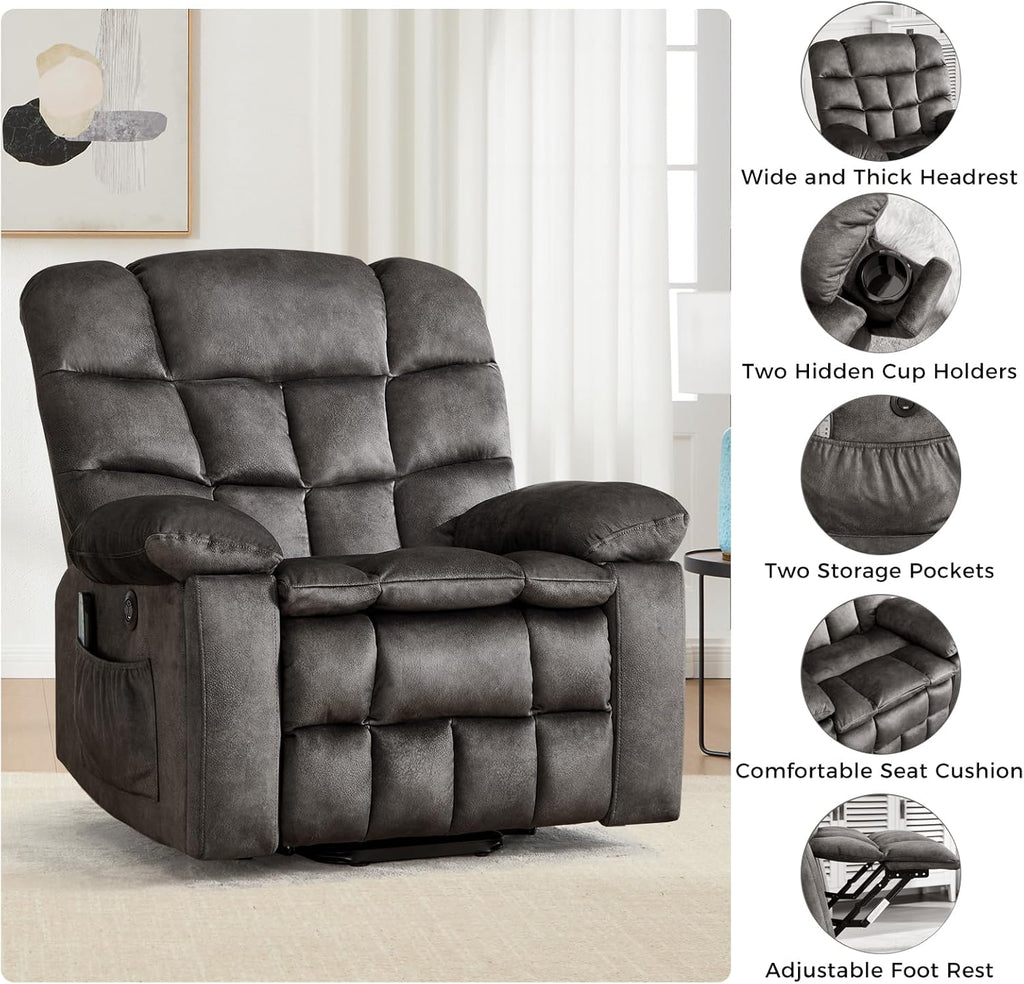 Power Lift Recliner Chair for Elderly with Vibration Massage and Lumbar Heating, Overstuffed Electric Lift Chair with 2 Side Pockets and Cup Holders, USB & Type-C for Living Room, Textile Black