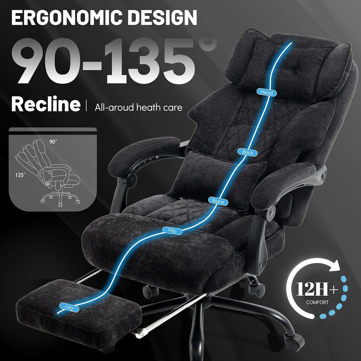Massage Office Chair with Foot Rest,6 Points Vibration & Heat Executive Office Chairs for Heavy People,500LBS Big and Tall Office Chair,Ergonomic Reclining Desk Chair,Dual-Use Pillow,BlackCloth