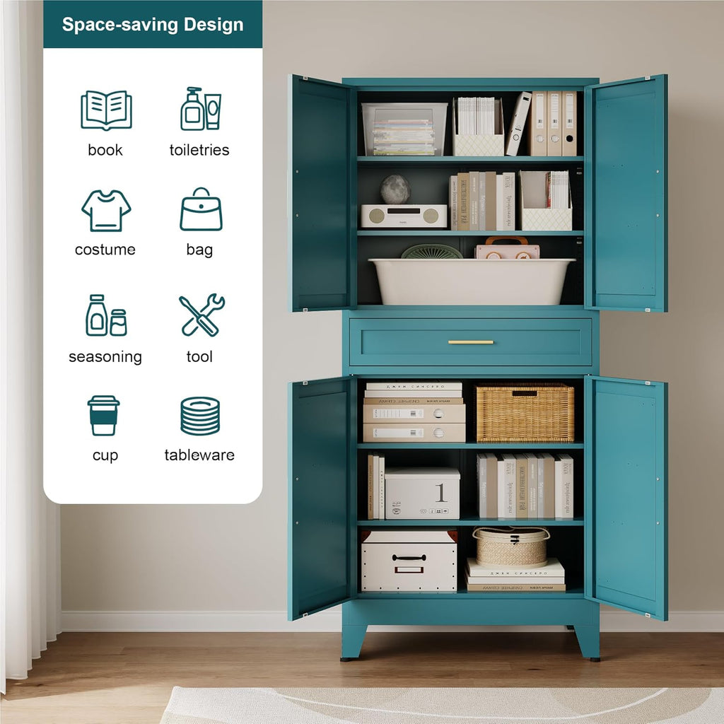 QINPTWUT 71" Farmhouse Pantry Cabinet in Blue, with 4 Doors & Center Drawer, Tall Food Cabinet with Adjustable Shelves, Freestanding Steel Cupboard for Kitchen, Dining Room, Pantry, Garage