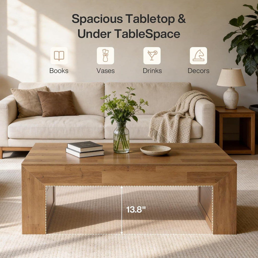 Tribesigns 47-Inch Farmhouse Coffee Table, Wooden Rectangular Center Table with Thick Base, Modern Cocktail Tea Furniture for Living Room (Oak Brown)
