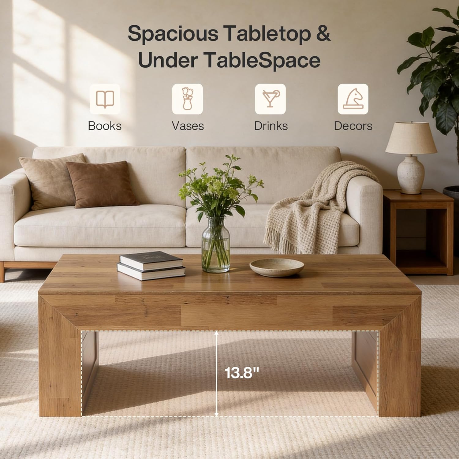 Tribesigns 47-Inch Farmhouse Coffee Table, Wooden Rectangular Center Table with Thick Base, Modern Cocktail Tea Furniture for Living Room (Oak Brown)