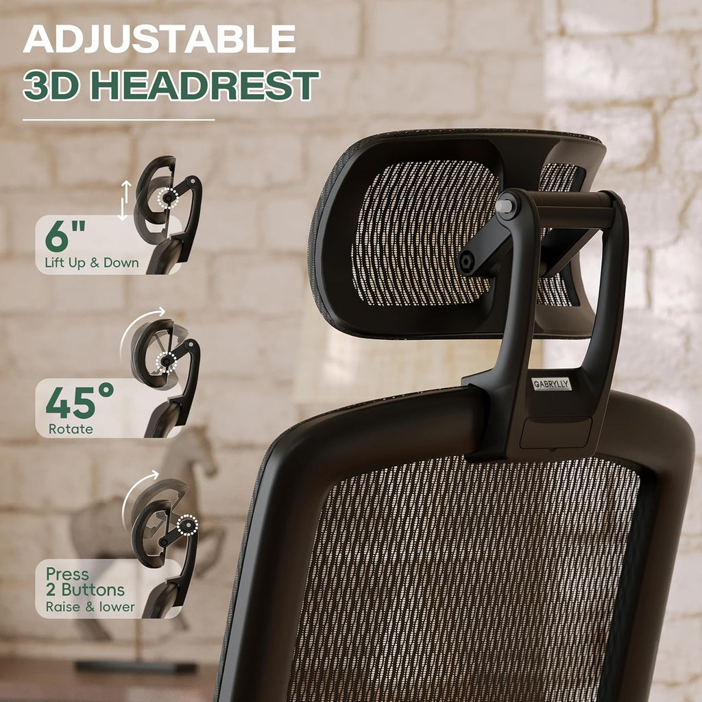 GABRYLLY Ergonomic Office Chair with Footrest, High Back Home Desk Chair - 3D Headrest, Flip-Up Arms, 135° Tilt and Wide Cushion, Heavy Duty Mesh Chairs for Task Computer Gaming,GYB01-FT