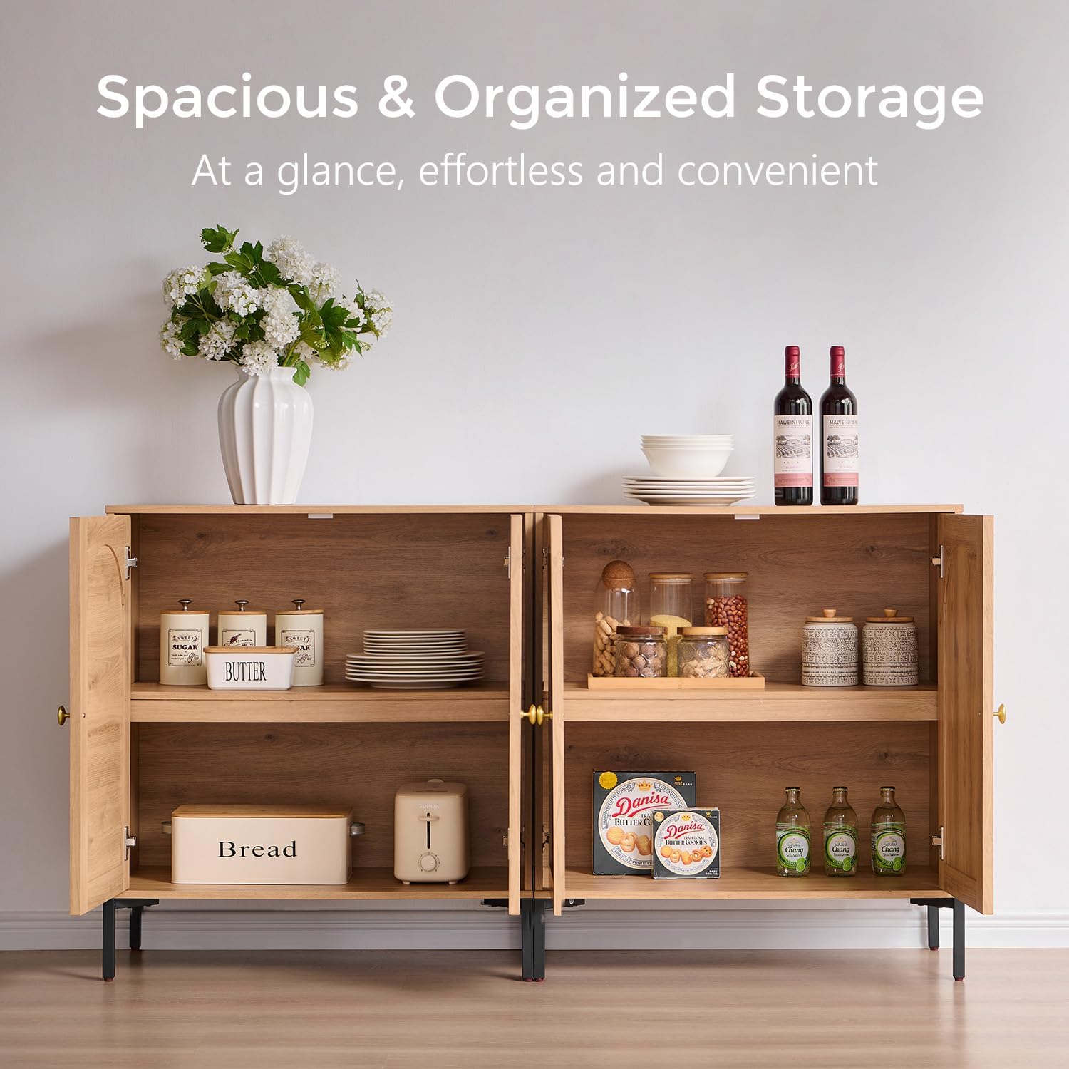 Modern Buffet Cabinet with Storage, 92.63" W Fluted Arched Sideboard Cabinet w/Adjustable Shelves, Wooden Modular Coffee Bar for Dining Room, Kitchen, Living Room, Entryway, Natural
