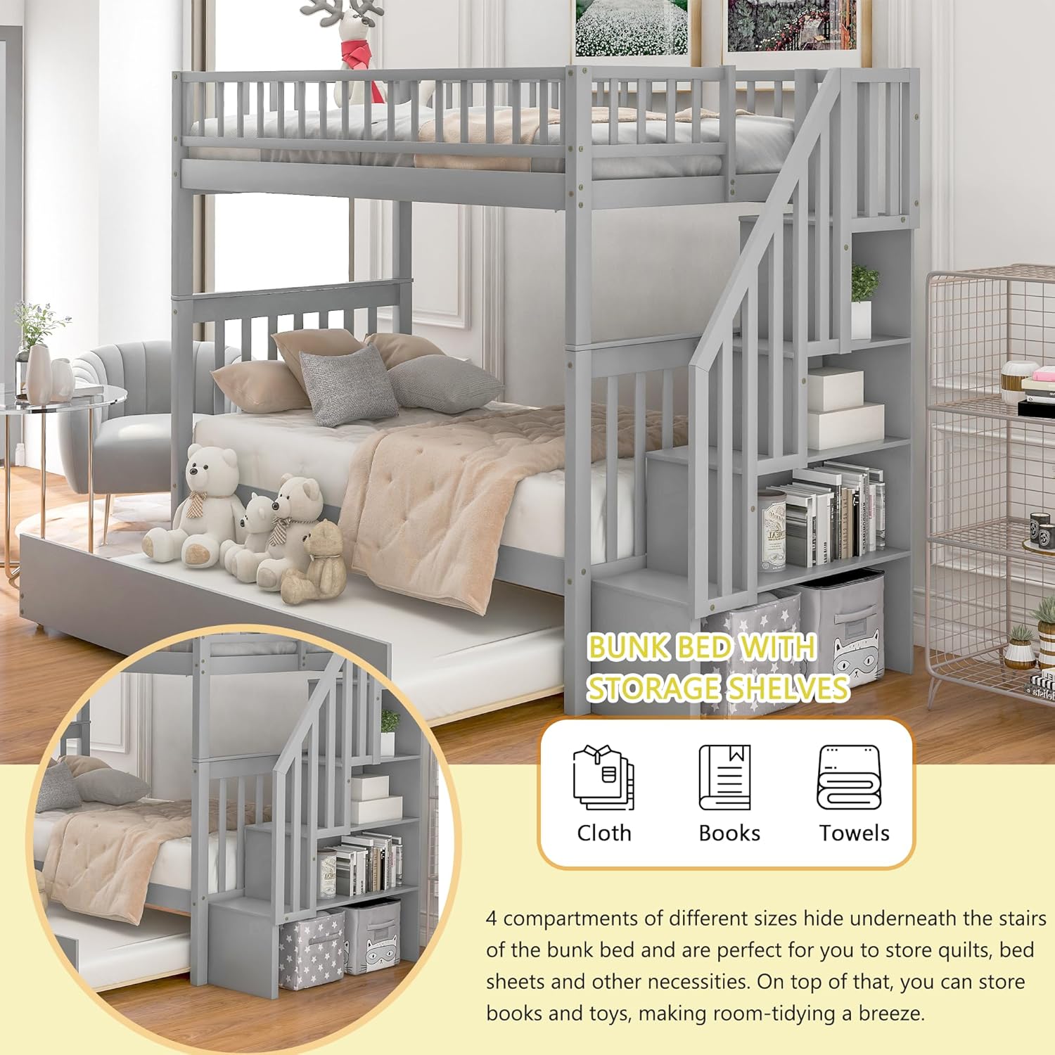 Merax Twin Over Twin Bunk Bed with Trundle, Storage Staircase and Full Length Guardrail, Solid Wood Stairway Bunk Bed, No Spring Box Needed (Grey)