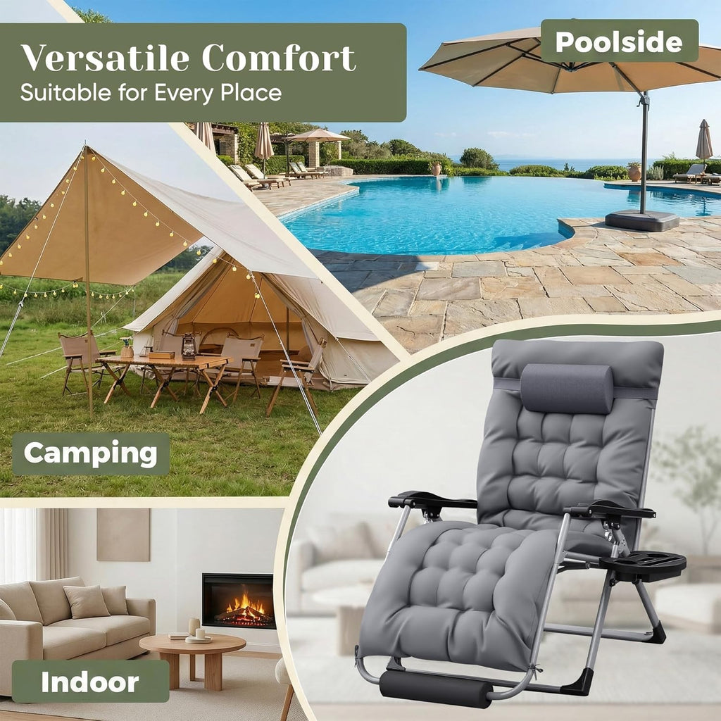 Homall Oversized Zero Gravity Chair, Set of 2 Recliner Lounge Chair with Removable Soft Cushion and Cup Holder, Adjustable Anti Gravity Chair Folding Patio Chairs Padded for Indoor and Outdoor (Gray)