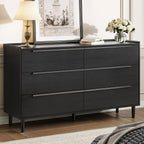 54" Wide Black Dresser for Bedroom, Modern 6 Drawer Double Dresser with Wood Grain Finish, Large Horizontal Chest of Drawers & TV Stand with Anti-Slip Raised Edge, Sleek Storage for Living Room
