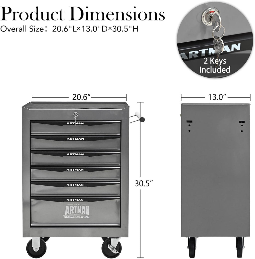 Iron-Top Rolling Tool Chest with Lockable Wheels and Side Handles, 7-Drawer Tool Storage Cabinet with Ball Bearing for Garage, Repair Shop, Required Assembly, Large Storage Capacity (Iron, 6-Gray)