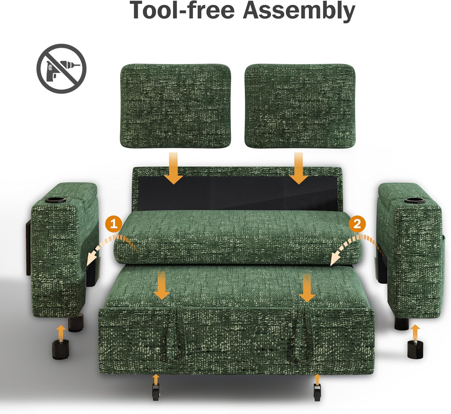 Vipbear 65" Loveseat Sleeper Sofa with Pull Out Bed, Chenille 3-in-1 Convertible Sofa Bed with Reclining Backrest|USB Ports|Cup Holders|Side Table|Storage Armrests, Tool Free Assembly, Green