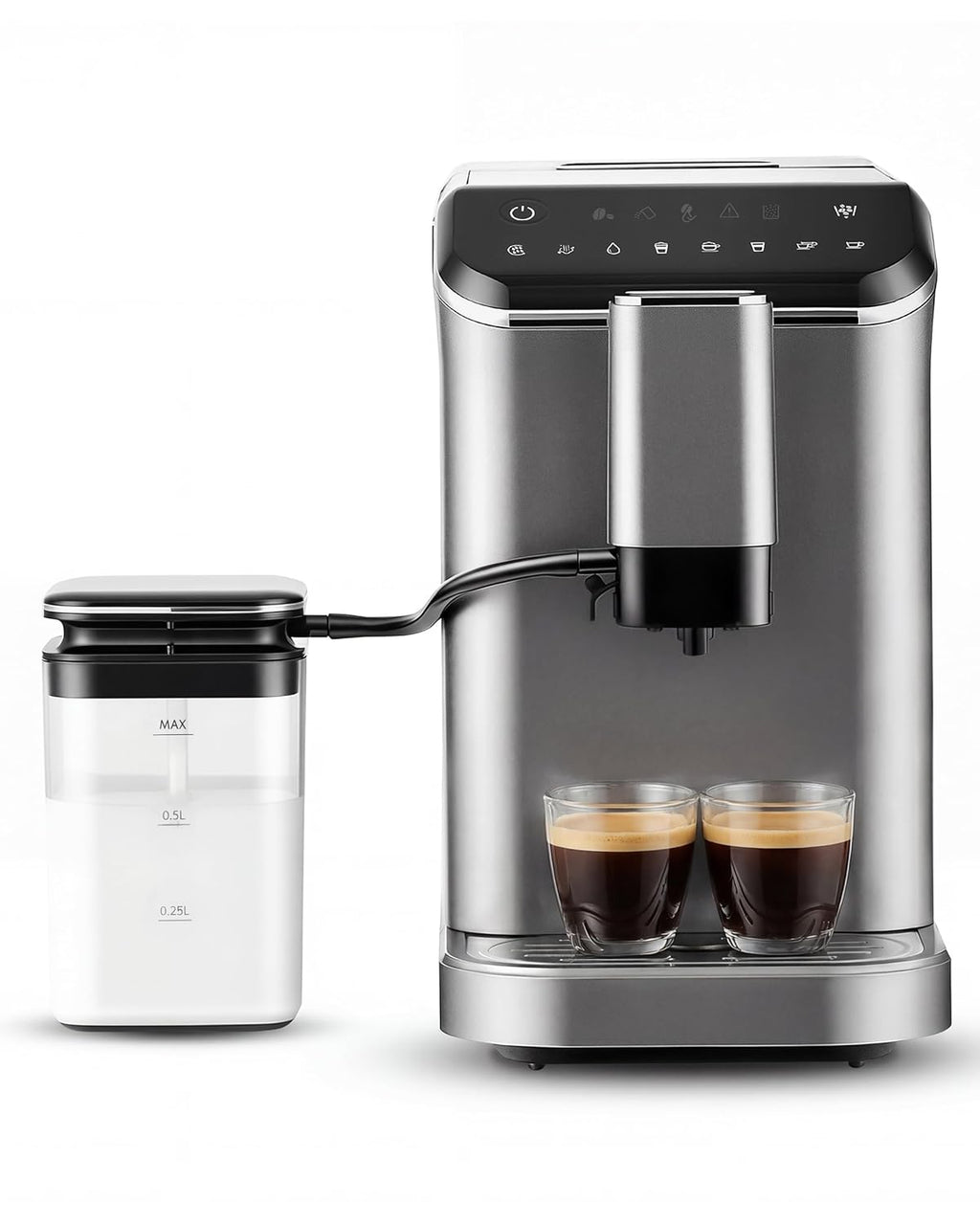 Fully Automatic Espresso Machine, 20 Bar Coffee Maker with Grinder and Integrated Milk Frother, Automatic Espresso Machine with Touch Screen, 15-Grind Settings Coffee Machine for Home, Silver