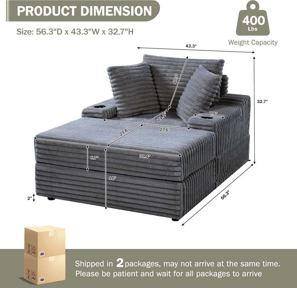 GarveeHome Oversized Chaise Lounge Chair Indoor with Storage Ottoman, Upholstered Corduroy Sofa Bed Cloud Couch with 3 Pillows, Single Sleeper Sofa Chair for Living Room, Bedroom (Grey)