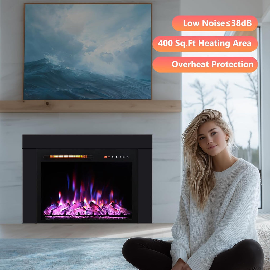 28 Inches Electric Fireplace Insert with Trim Kit, Wall Mounted & Recessed Electric Fireplace Inserts with 8 Flame Colors, Remote Control, 6 Levels Brightness, 9H Timer, Black, 1500W/750W