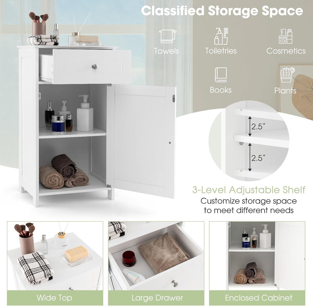 Giantex Floor Bathroom Storage Cabinet - Freestanding Cabinet with Drawer, Door, Adjustable Shelf, Anti-Tipping Device, Storage Organizer for Sofa Side, Bathroom, Living Room, Bedroom, White (White)