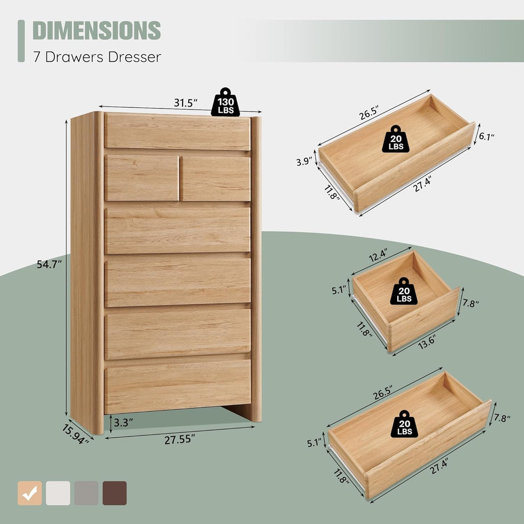Modern 7 Drawers Dresser for Bedroom, 54.7" Tall Large Dresser & Chests of Drawers w/Rounded Corner, Wood Handleless Organizer Dresser w/Natural Texture for Bedroom, Living Room-Natural