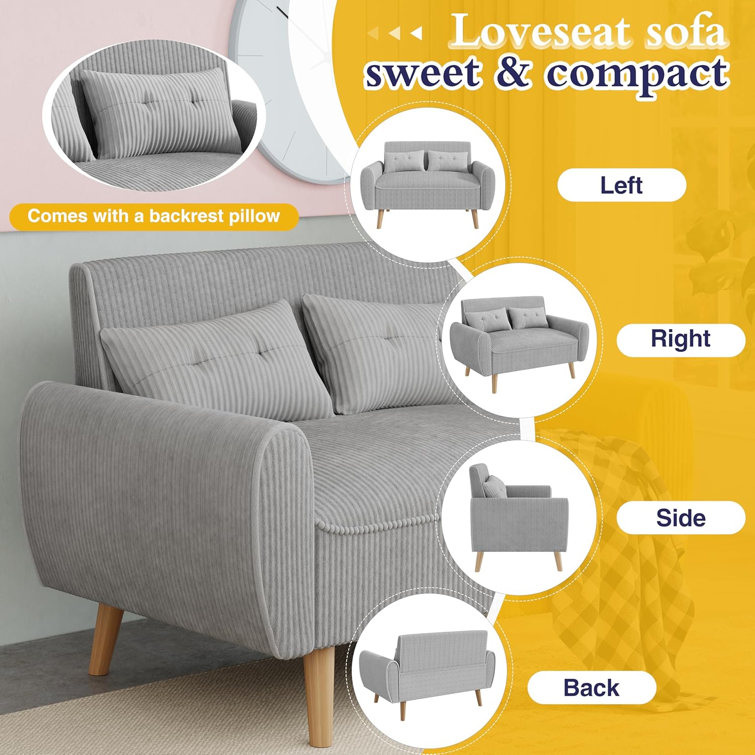 JAMFLY 47'' Small Loveseat Sofa, 2 Seat Compact Couch with Tapered Legs, Light Grey Upholstered Furniture, Solid Wood Frame, Comfy Foam Cushion, Easy Assembly for Small Spaces