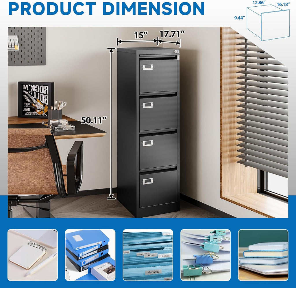 BYNSOE 4 Drawer File Cabinet with Lock Metal Vertical File Cabinet Office Home Vertical File Cabinet for A4 Legal/Letter Size Narrow File Cabinet Locked,Assembly Required (Black, 4 Drawers- Vertical)