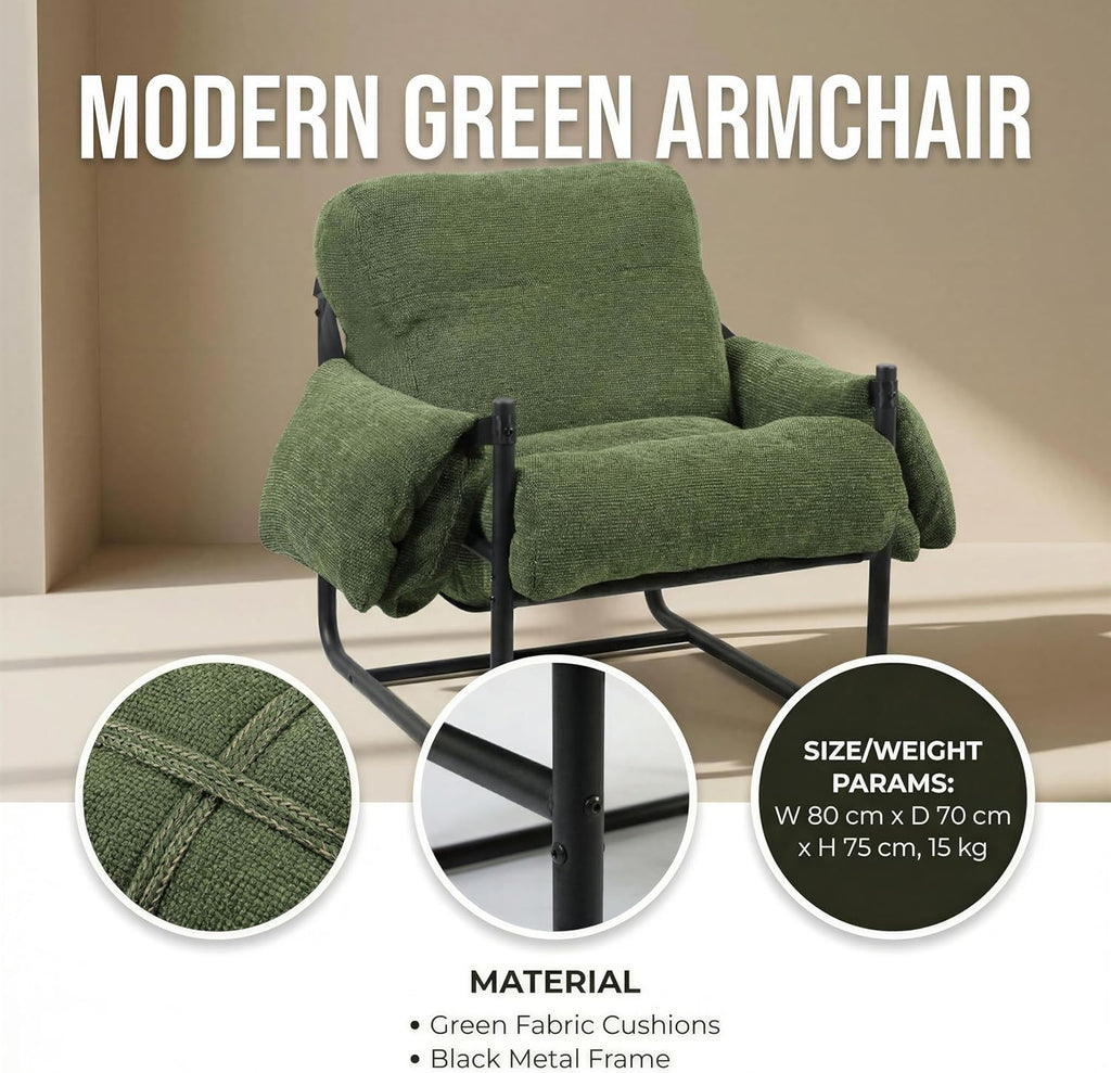 Kinfant Mid Century Modern Accent Chair, Chunky Upholstered Armchair with Metal Frame, Oversized Lounge Chair for Living Room Bedroom Small Spaces, Textured Chenille Fabric, Green
