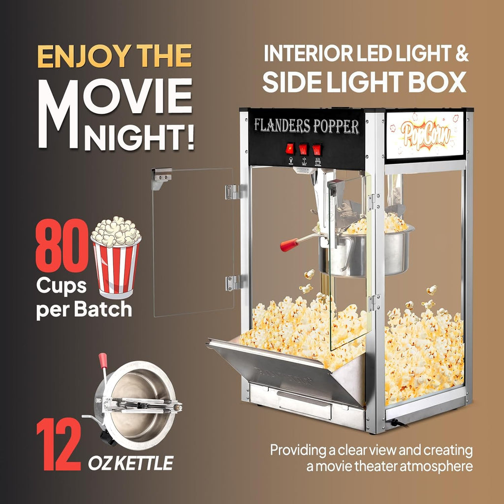 ROVSUN Commercial Popcorn Machine Movie Theater Style with 12 Ounce Kettle Makes Up to 80 Cups, Countertop Popcorn Maker Machine w/Stainless Steel Scoop, Oil Spoon & 3 Popcorn Cups, ETL Certified