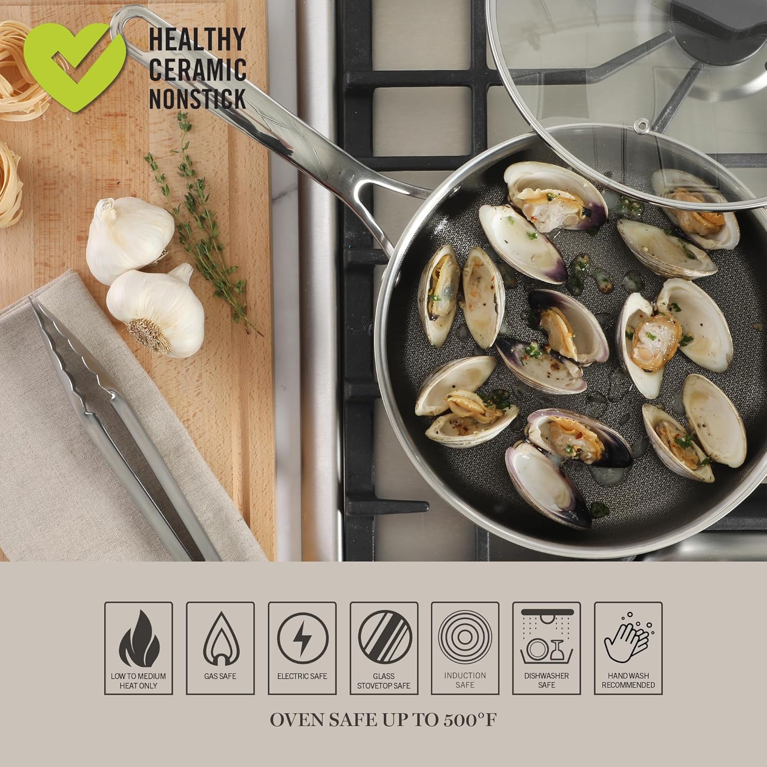 Martha Stewart Badgley Hybrid Nonstick 10 Piece TriPly Stainless Steel Pots and Pans Non-Toxic Kitchen Cookware Set - Laser Etched Perfect Sear Nonstick W/Stay Cool Handle Dishwasher & Induction Safe