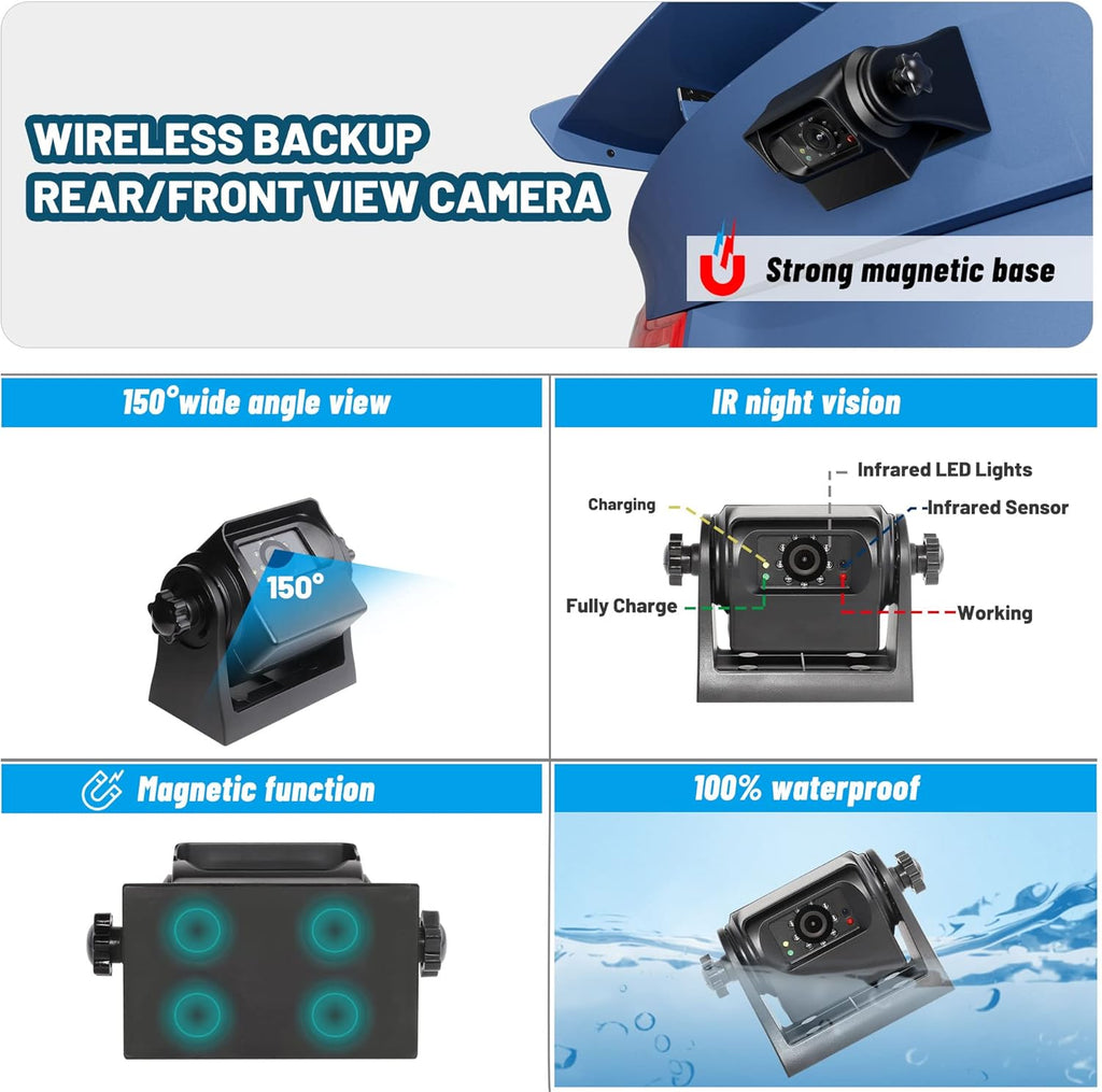 3x Wireless WiFi Magnetic Backup Cameras 1080P HD 5" Dual Monitor Battery Powered No Wiring Rear View Reverse Monitoring Camera Portable Kit for Car Truck Pickup RV Camper 5th Wheel Boat Horse Trailer