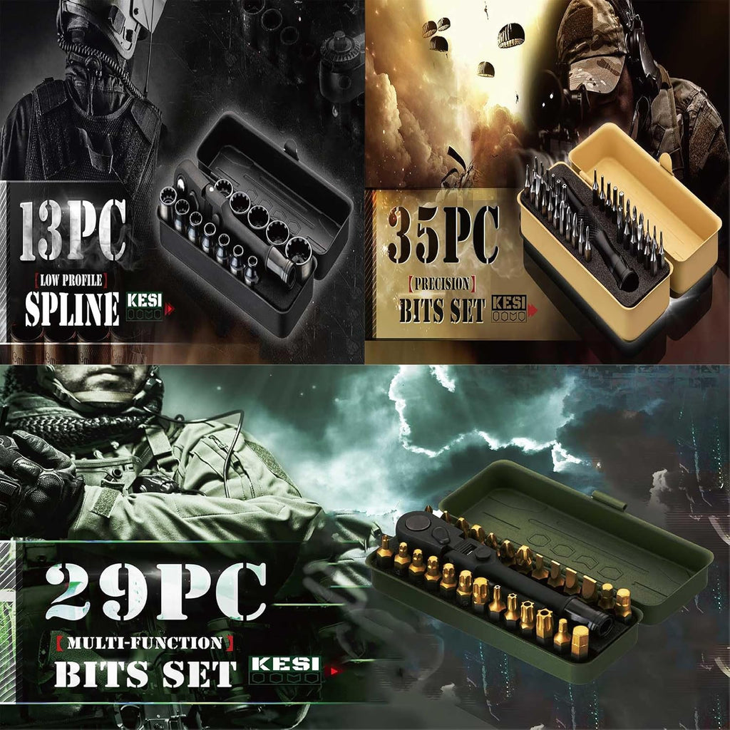 KESI Tool Torx Bit Set 77-Piece, Fully Armed Bits Ratchet Set with 13-Piece 1/4" Dr. Low Profile Sockets, 1/4" Dr 29-piece, and 35-piece Multi Function Bit Set