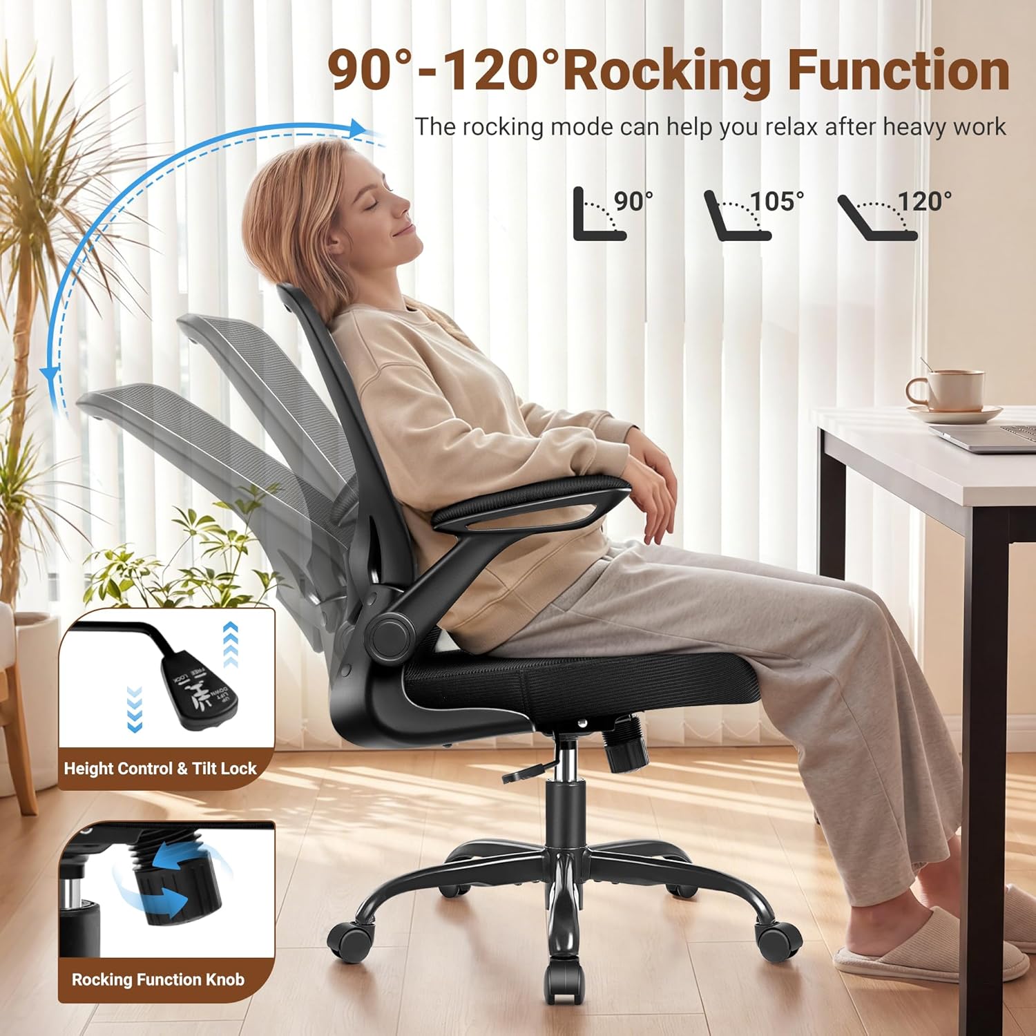 BESTFAIR Ergonomic Office Chair, Mesh Computer Desk Chair with Lumbar Support, Swivel Chair with Flip-up Arms and Adjustable Height, Black