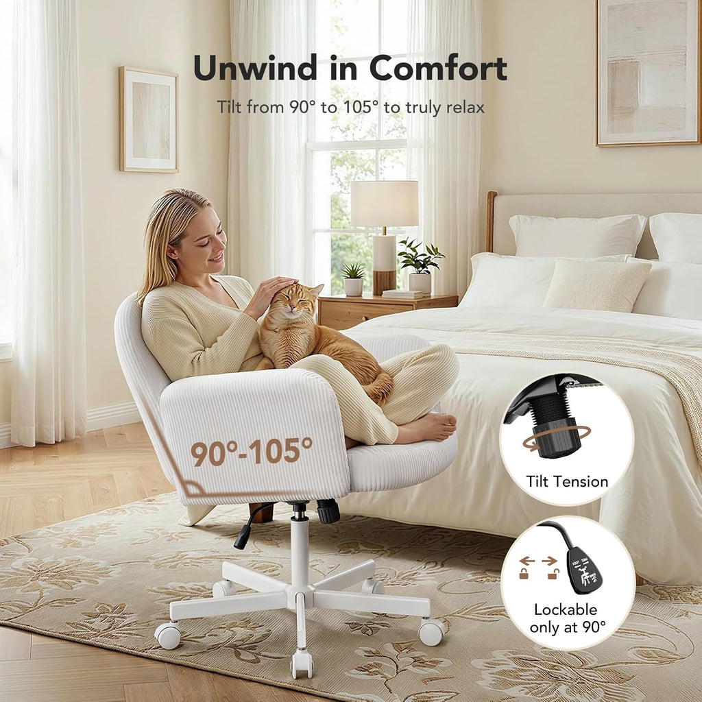 HUANUO Vanity Chair with 6-Position Adjustable Armrests, Criss Cross Chair with Wide Cushion, Soft Corduroy Fabric, 90°-105° Recline, Pet-Friendly, Perfect for Makeup Bedroom, Home Office, White