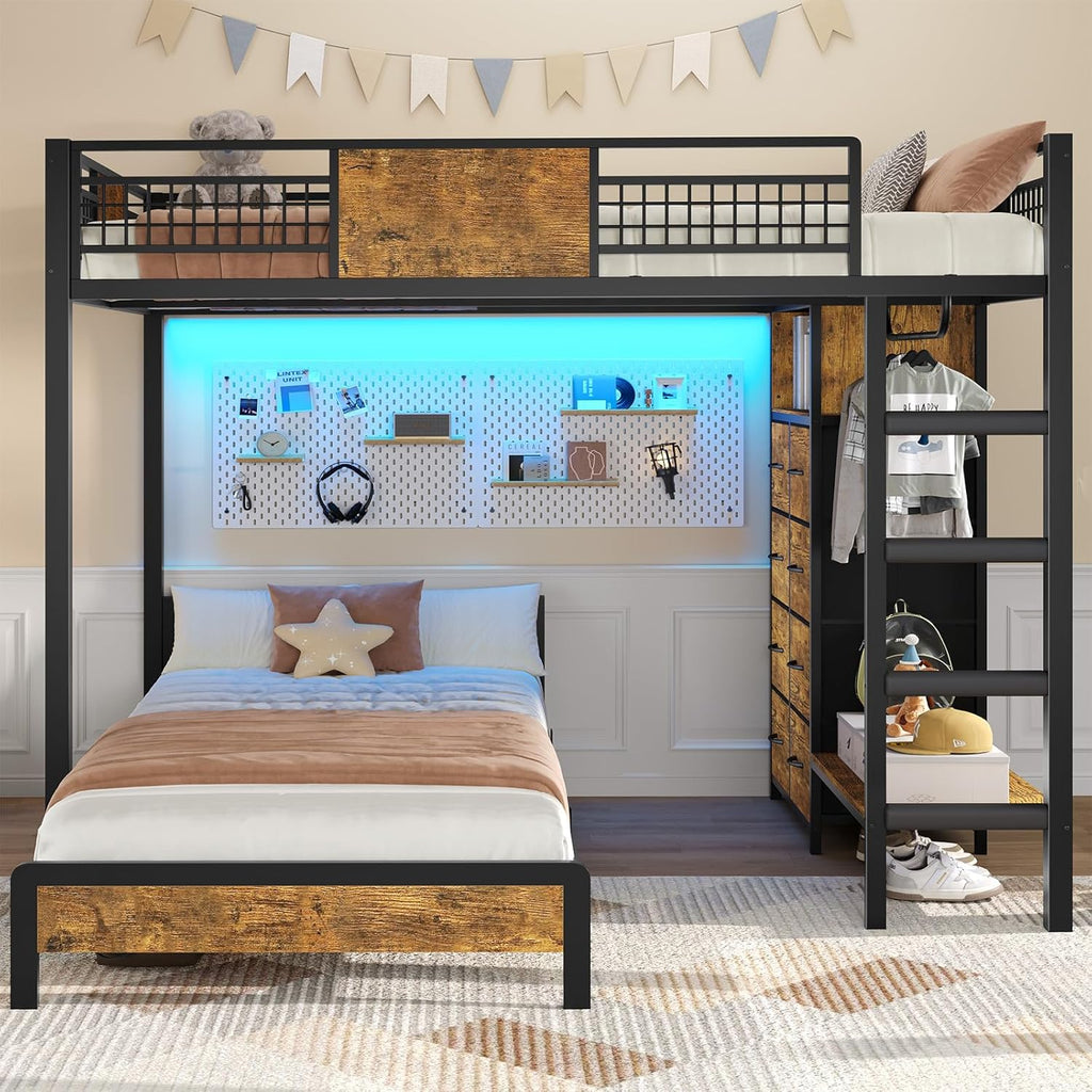ADORNEVE Full Over Twin Bunk Bed with 8 Storage Drawers, Metal Loft Bed with Led Lights & Storage Shelves, Bunk Beds Twin over Full Size with 13.4" H Safety Guardrail & Ladder, for Kids & Teens, Black