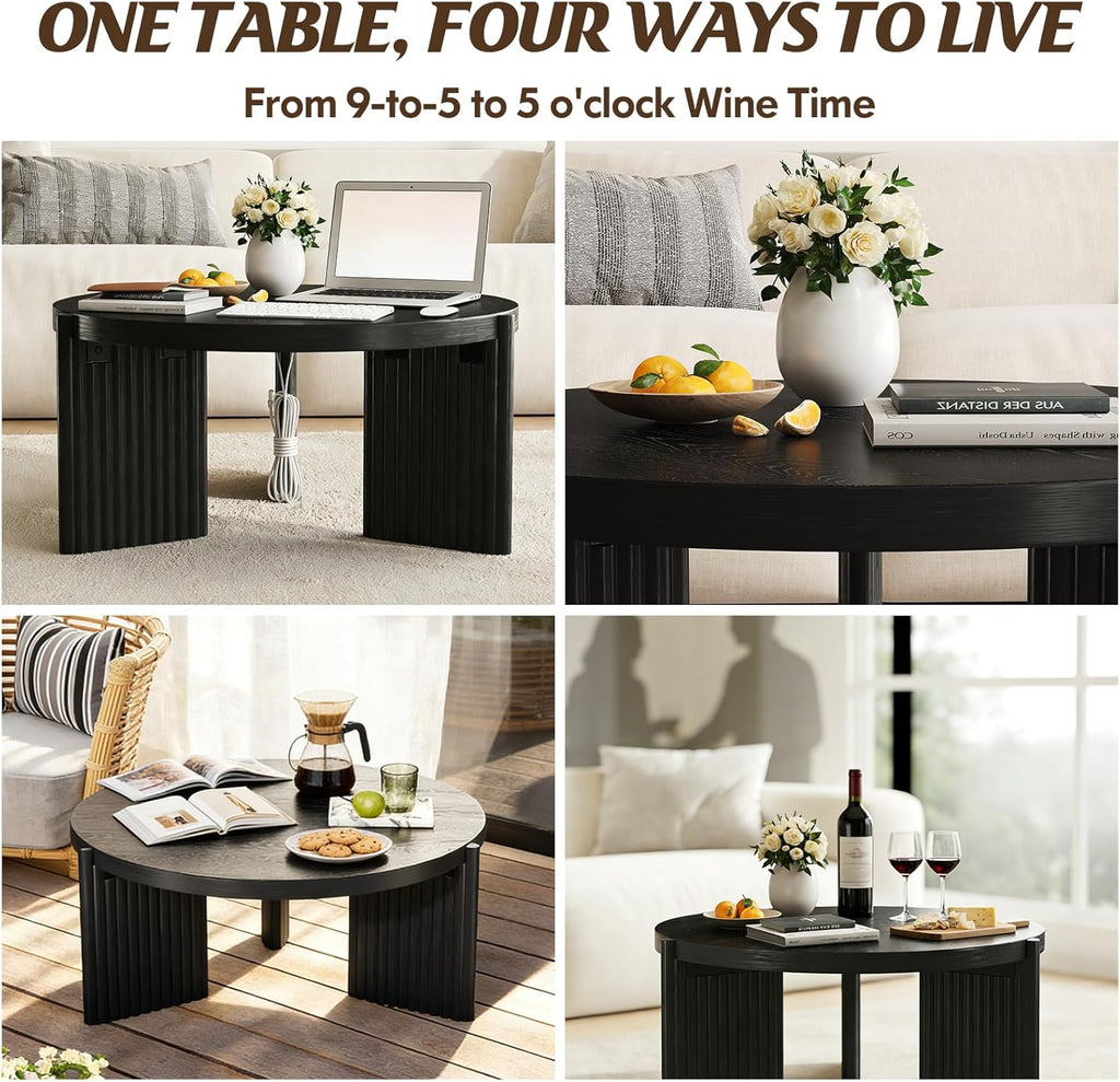 Luoxiao 27.5" Round Black Coffee Table for Living Room, Mid Century Modern Fluted Wood Center Table, Circular Sofa Table with Ribbed Base & Non-Slip Footpads for Small Space, Apartment, Easy Assembly